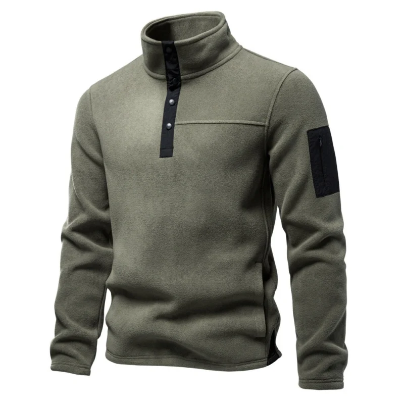 Herren Fleecepullover mit Stehkragen Druckknopf-Leiste und Ärmeltasche Echoarchiv