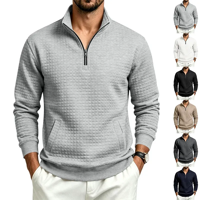 Herren Strukturiertes Stehkragen-Halbzip-Sweatshirt mit Karomuster und Kängurutasche – Norvane