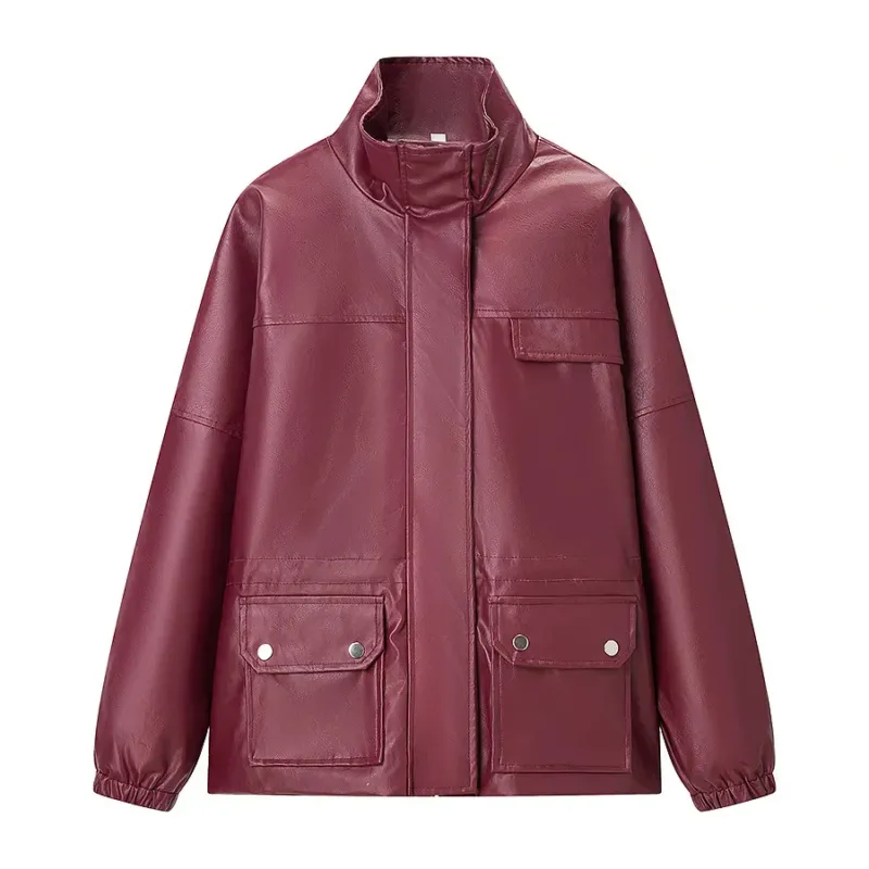 Damen lässige Kunstleder-Utilityjacke mit Stehkragen, aufgesetzten Pattentaschen und elastischen Bündchen – Célinea
