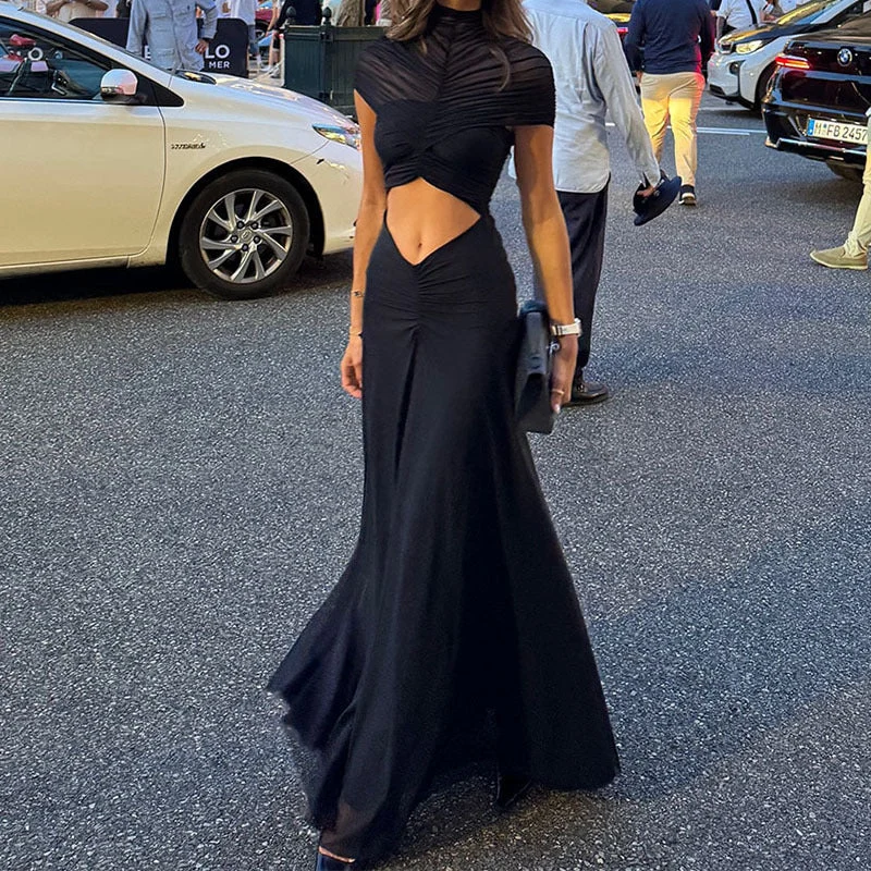 Damen Elegantes Maxikleid mit Raffungen und durchsichtigem Oberteil – Valéora