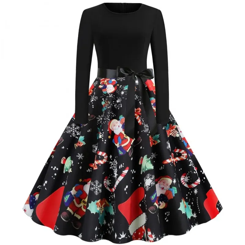 Damen Weihnachtliches Vintage-Swingkleid mit Santa- und Zuckerstangen-Print, tailliertem Oberteil und Satinschleife – Élara