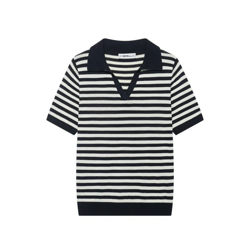 Damen Gestreiftes Poloshirt-Strick mit V‑Ausschnitt, Kurzarm und Rippkragen Echo Archiv