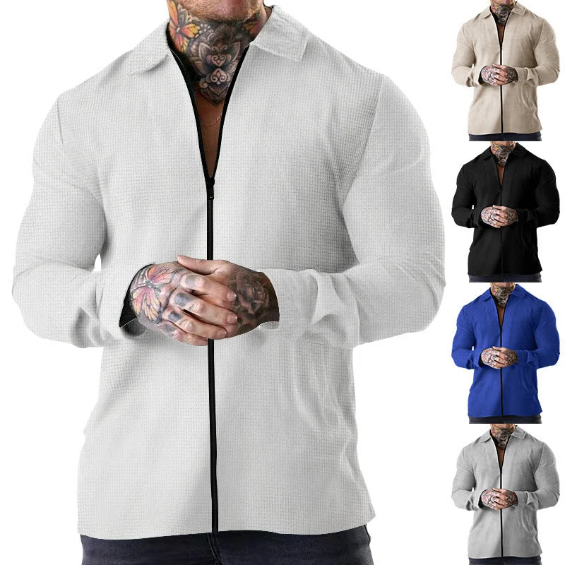 Herren strukturiertes Langarm-Hemdjacke mit verdecktem Halbzip, Kentkragen und leichter Waffelstruktur – Taviero