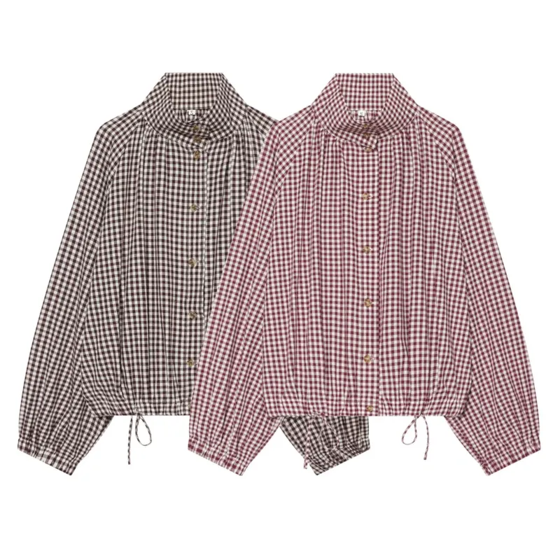 Damen Karierte Cropped‑Bluse mit Stehkragen, Tunnelzugsaum und Ballonärmeln Echo Archiv
